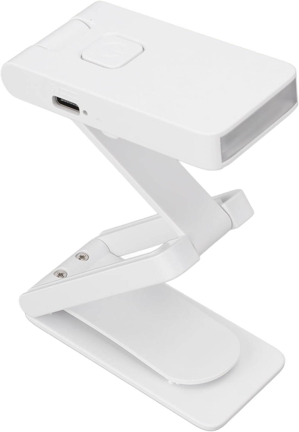 Eine weiße, faltbare LED-Schreibtischlampe mit einem USB-Anschluss und einem Ein-/Ausschalter.