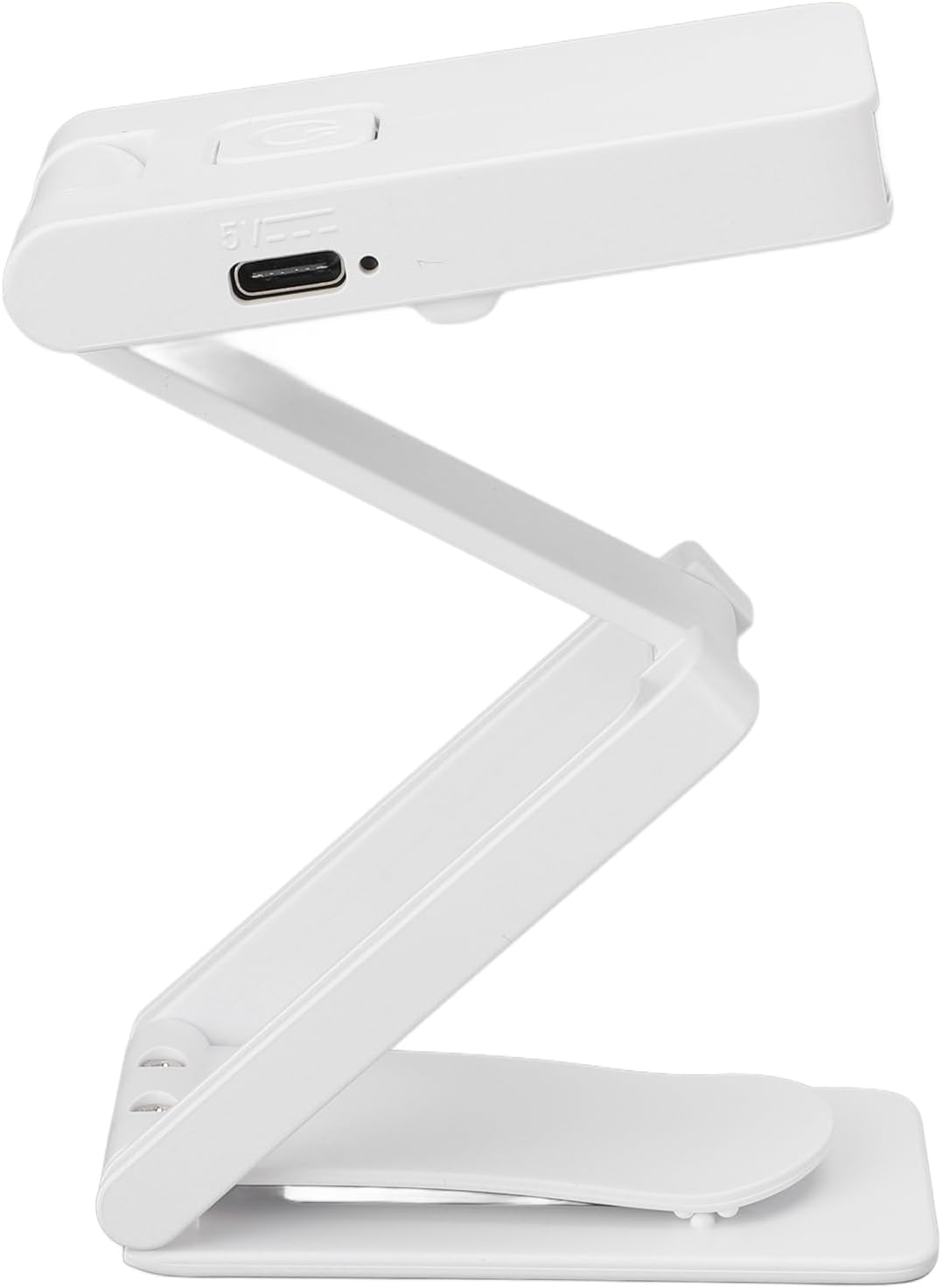 Eine weiße, faltbare LED-Schreibtischlampe mit USB-C-Anschluss ist vor weißem Hintergrund abgebildet.