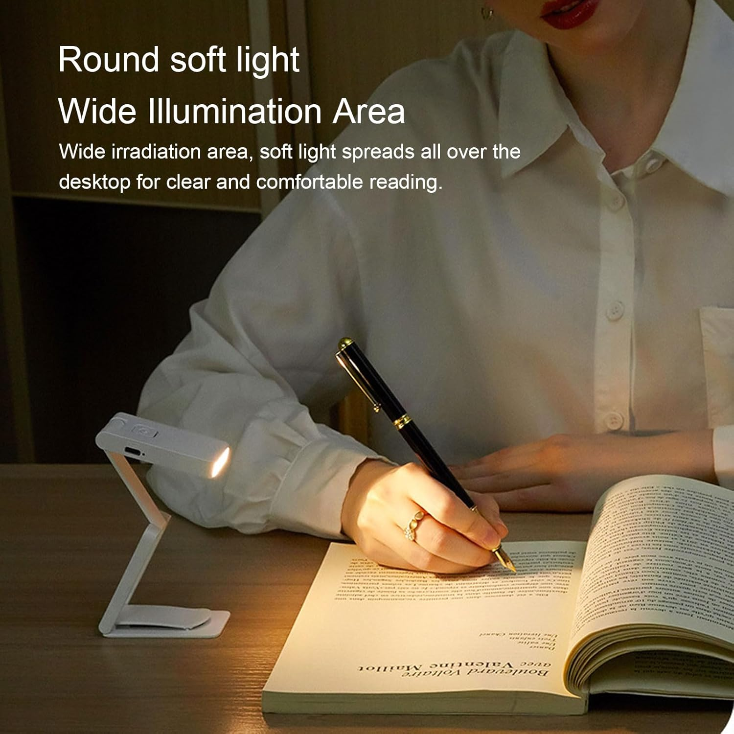 Eine Person schreibt in ein Buch, beleuchtet von einer kleinen Lampe.