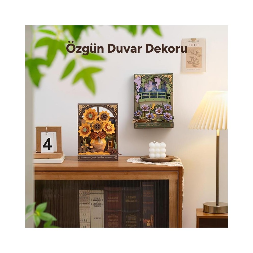Deux décorations murales 3D : tournesols dans un vase et pont fleuri. Un livre et une lampe sont à proximité.