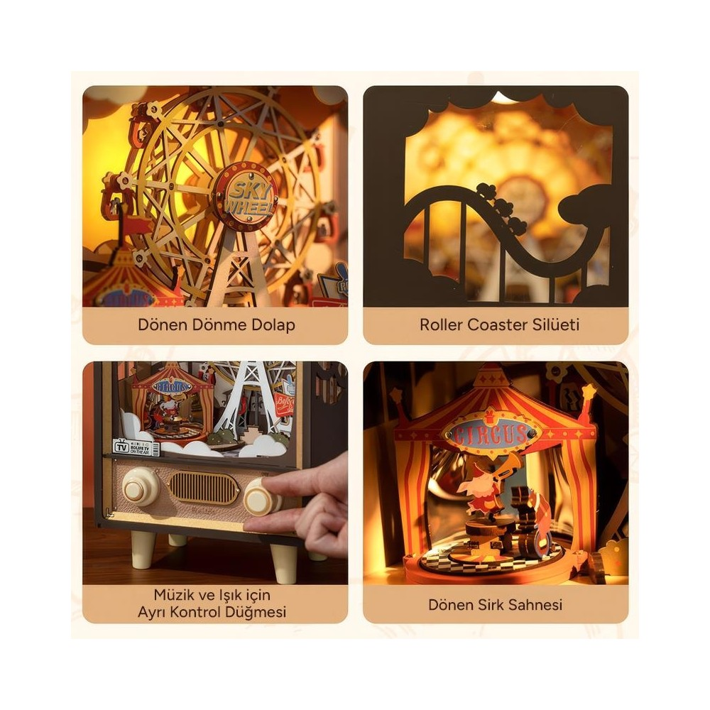 Miniatür bir sirkin dört sahnesi: dönme dolap, roller coaster, radyo ve sirk sahnesi.