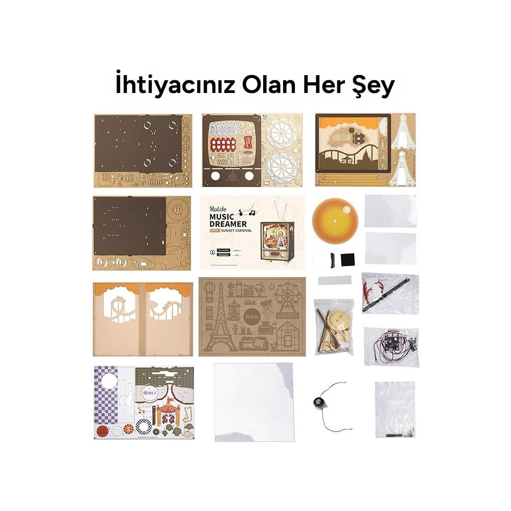 Müzik kutusu modeli için ahşap parçalar, küre ve elektronik bileşenler.