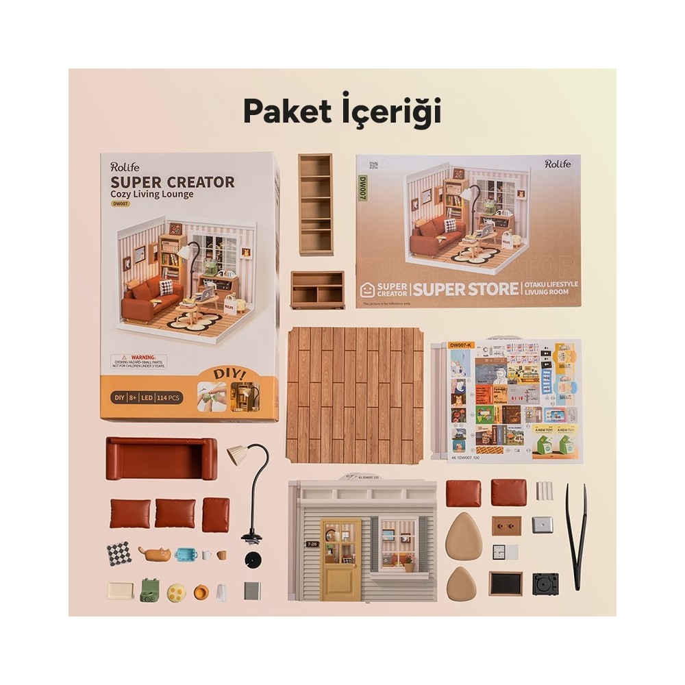Miniatur-Wohnzimmer-Bausatz mit Möbeln, Zubehör und Holzstruktur.