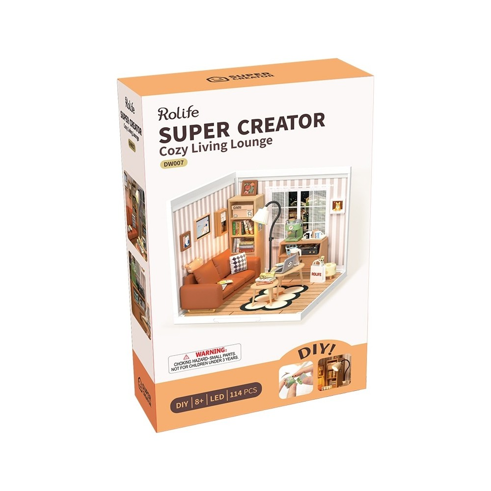 Verpackung für ein DIY-Miniatur-Wohnzimmer-Set mit Sofa, Bücherregal und Lampe.