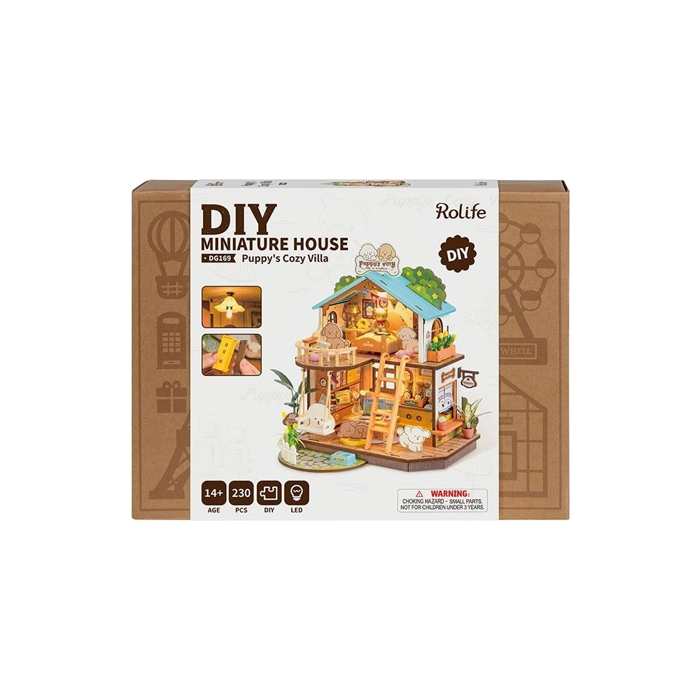 Rolife DIY Miniaturhaus-Bausatz, Puppy's Cozy Villa, mit detailliertem Innen- und Außenbereich.