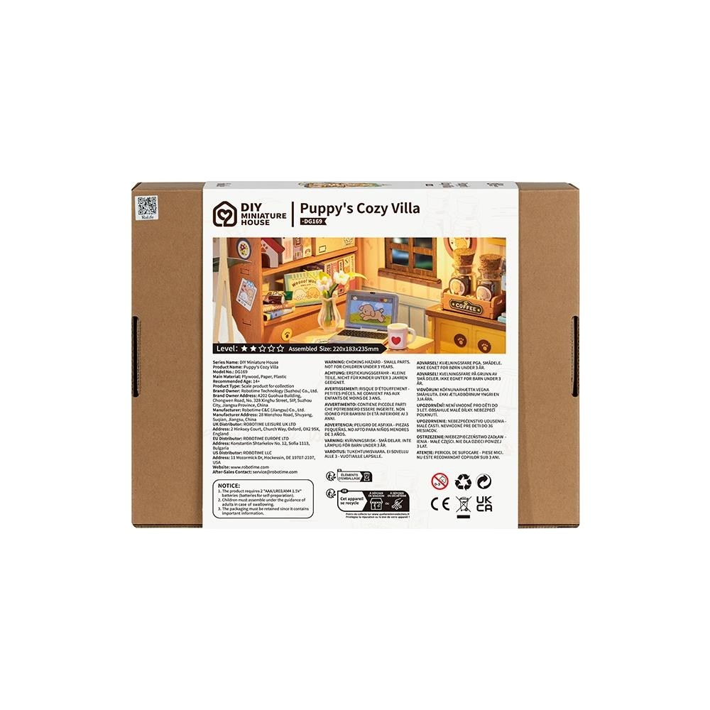 Verpackung eines DIY-Miniaturhauses namens "Puppy's Cozy Villa" mit Produktinformationen.