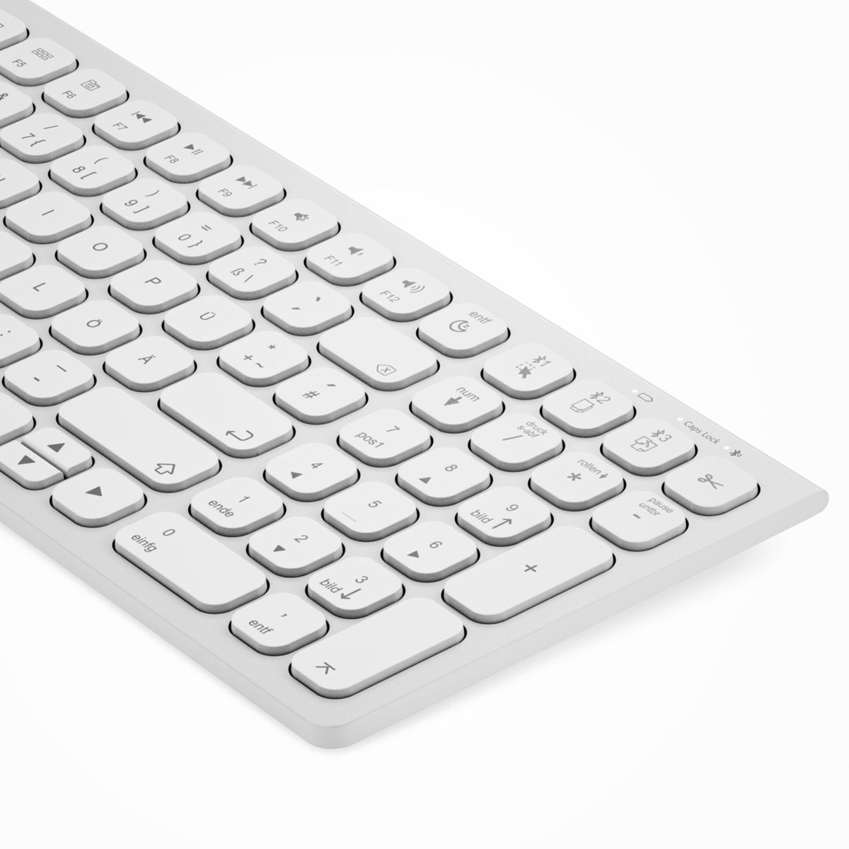 Eine weiße Tastatur mit Fokus auf die Tasten und ihre Beschriftungen.