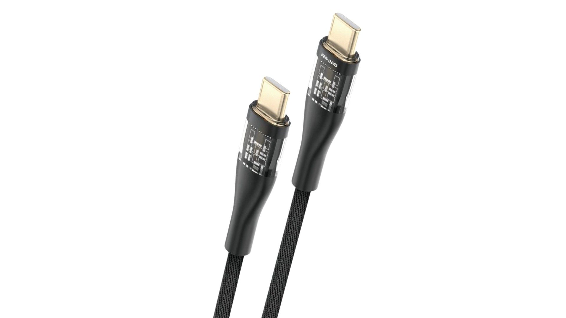 Dwa czarne kable USB-C ze złotymi złączami na białym tle.