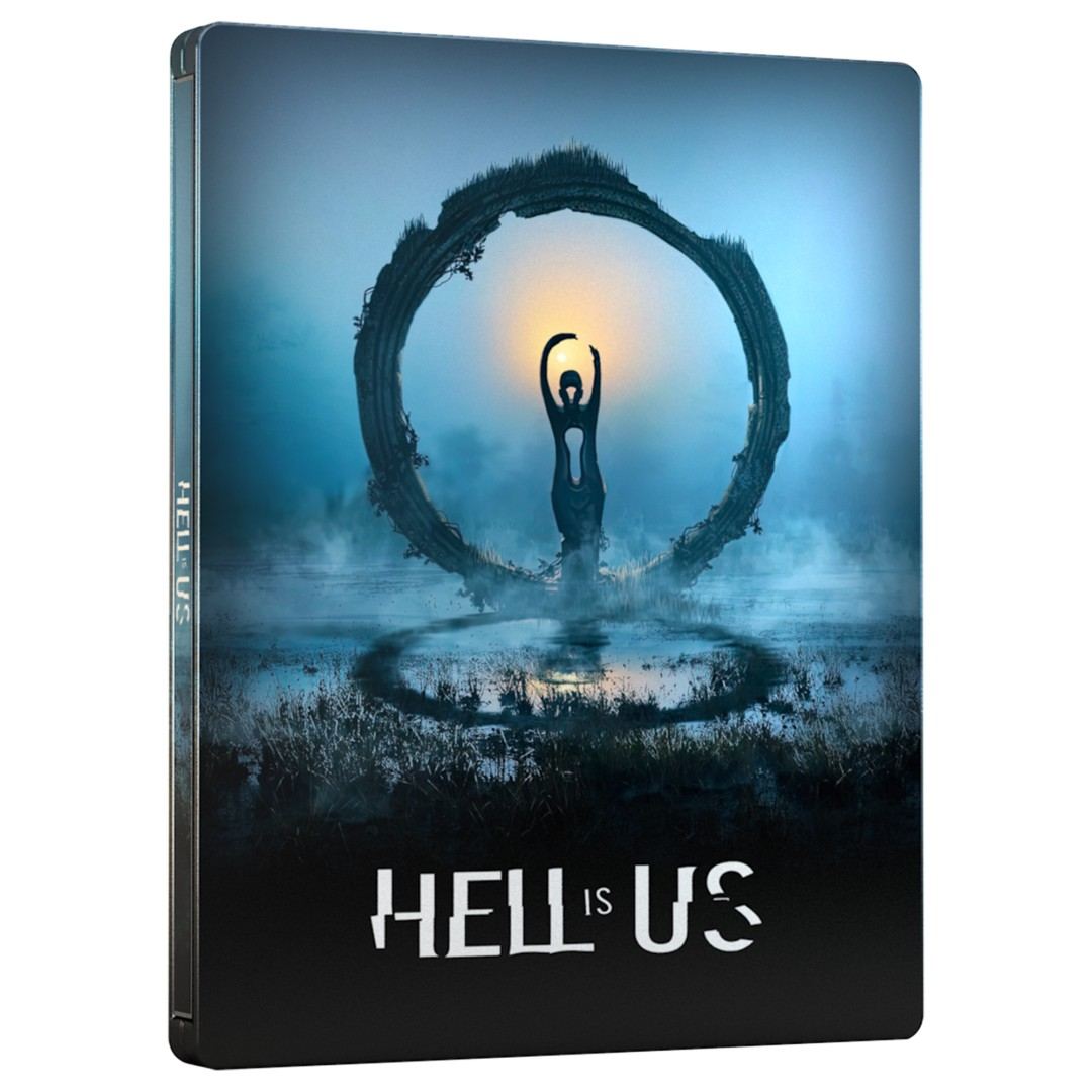 Mroczna, okrągła brama góruje nad postacią w mglistym bagnie. Napis: HELL IS US.