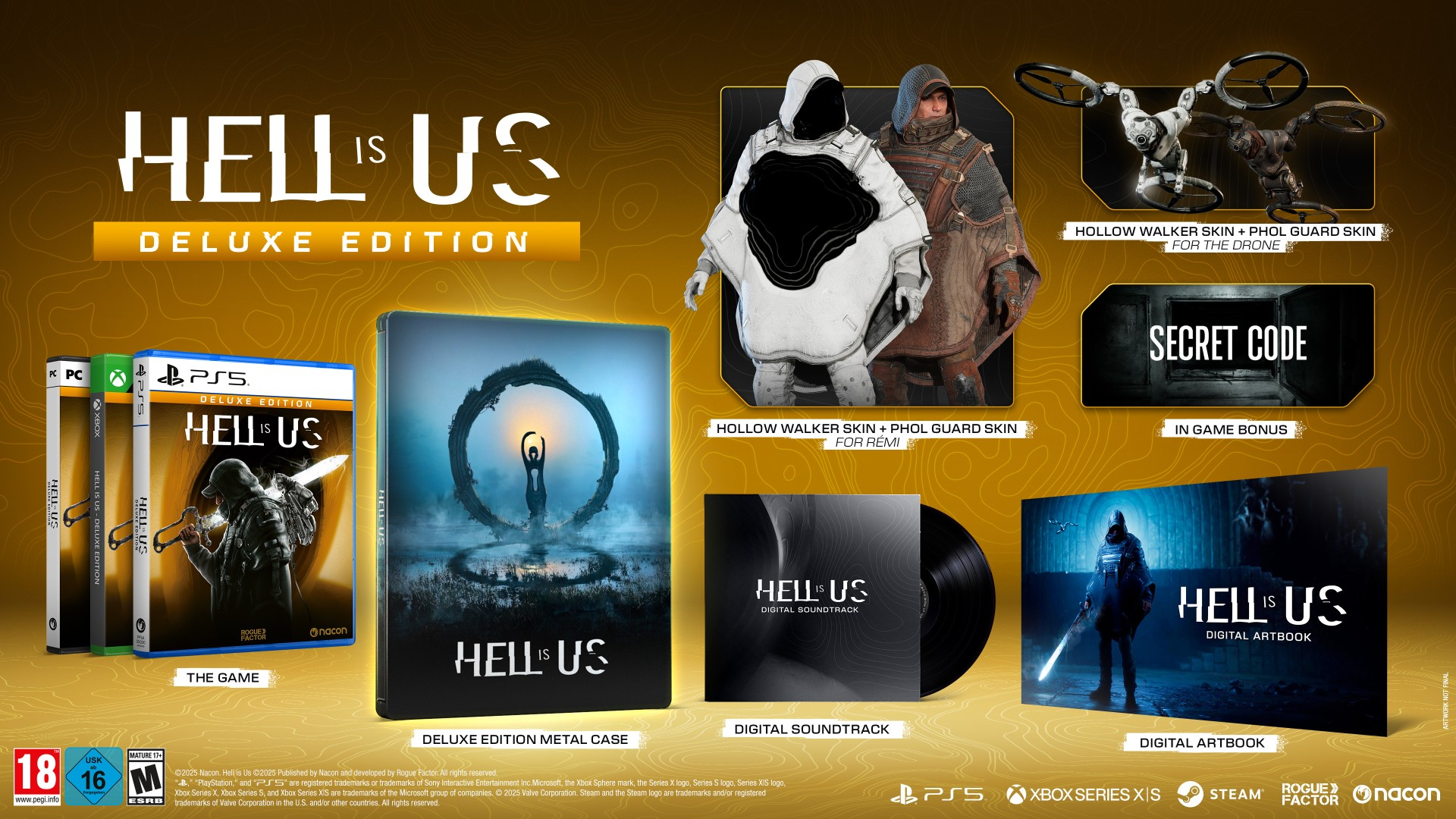 Hell is Us Edycja Deluxe: Gra, Steelcase, Ścieżka dźwiękowa i Artbook ze skórkami.