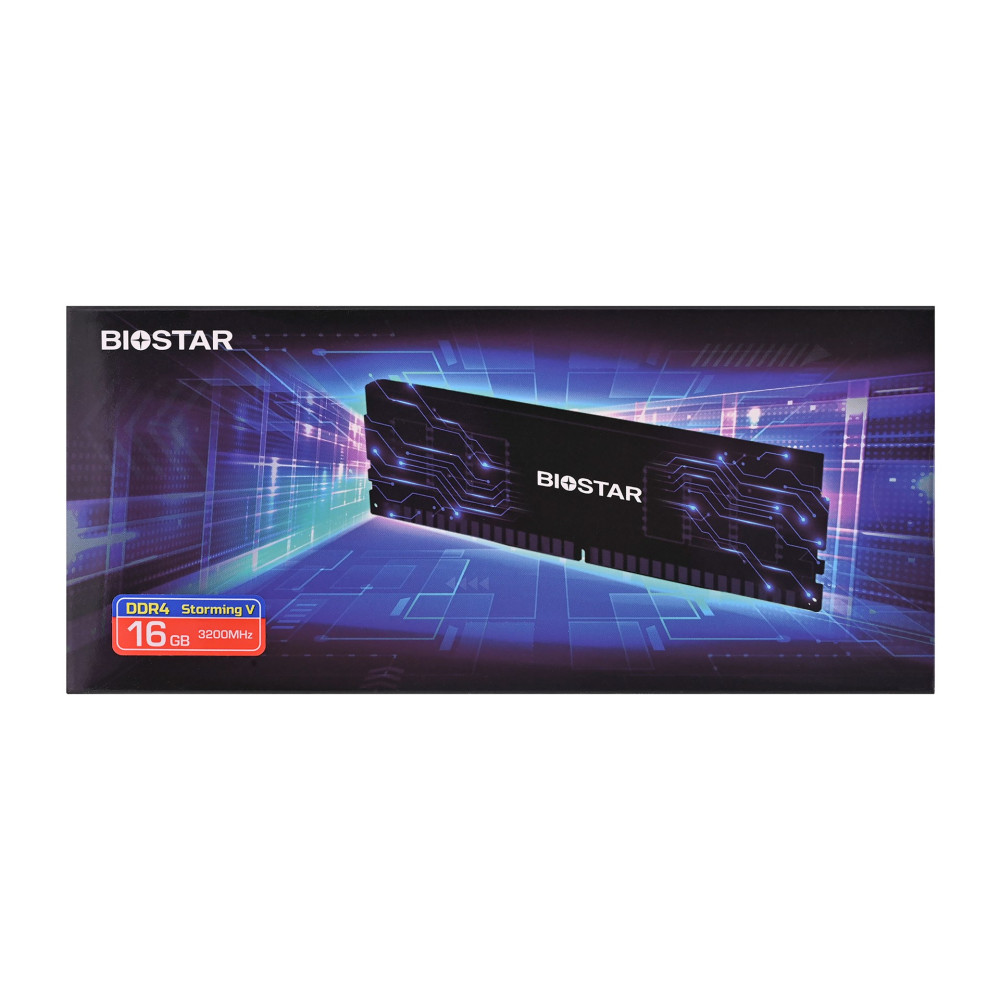 Czarny moduł RAM DDR4 16 GB 3200 MHz na niebieskim cyfrowym tle.