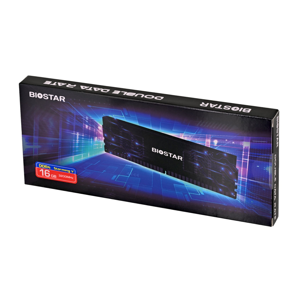 Opakowanie modułu RAM Biostar 16GB DDR4 z futurystycznym wzorem.