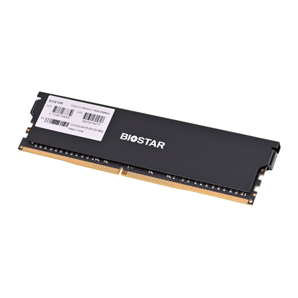 Czarny moduł RAM Biostar DDR4 ze złotymi pinami i etykietą.