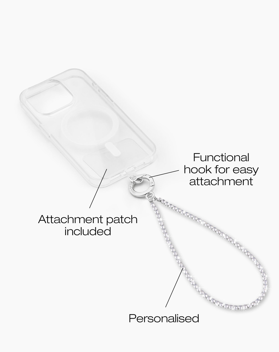 Transparente Handyhülle mit angehängter Silberkette mit Strasssteinen.