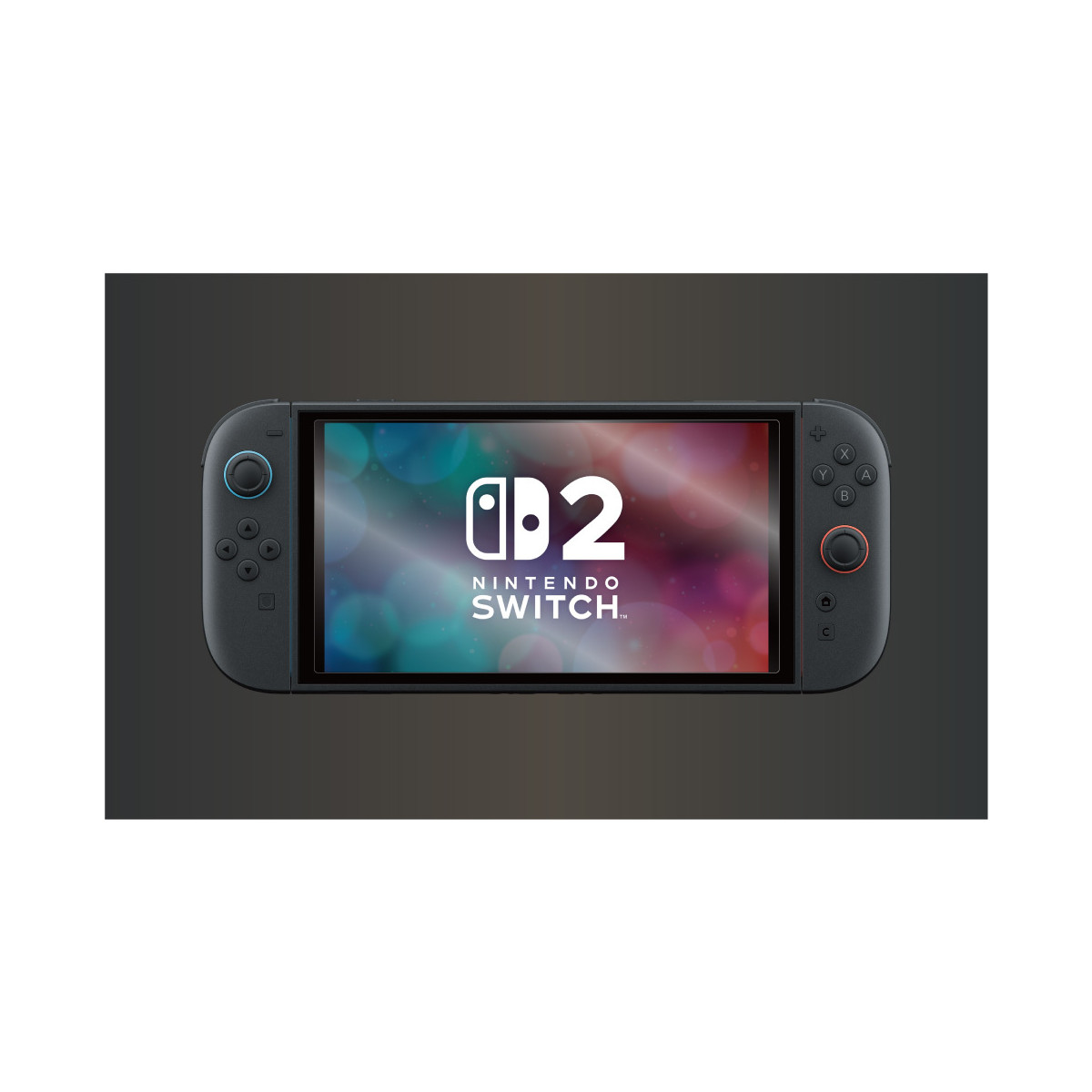 Un dispositivo Nintendo Switch scuro con grafica di sfondo colorata sullo schermo.