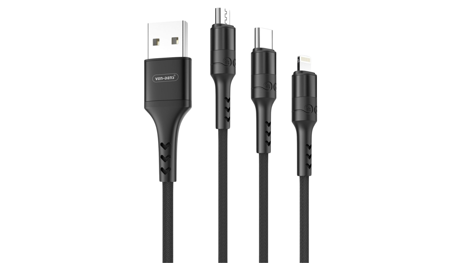 Cztery czarne kable ładujące z różnymi złączami: USB-A, Micro-USB, USB-C i Lightning.