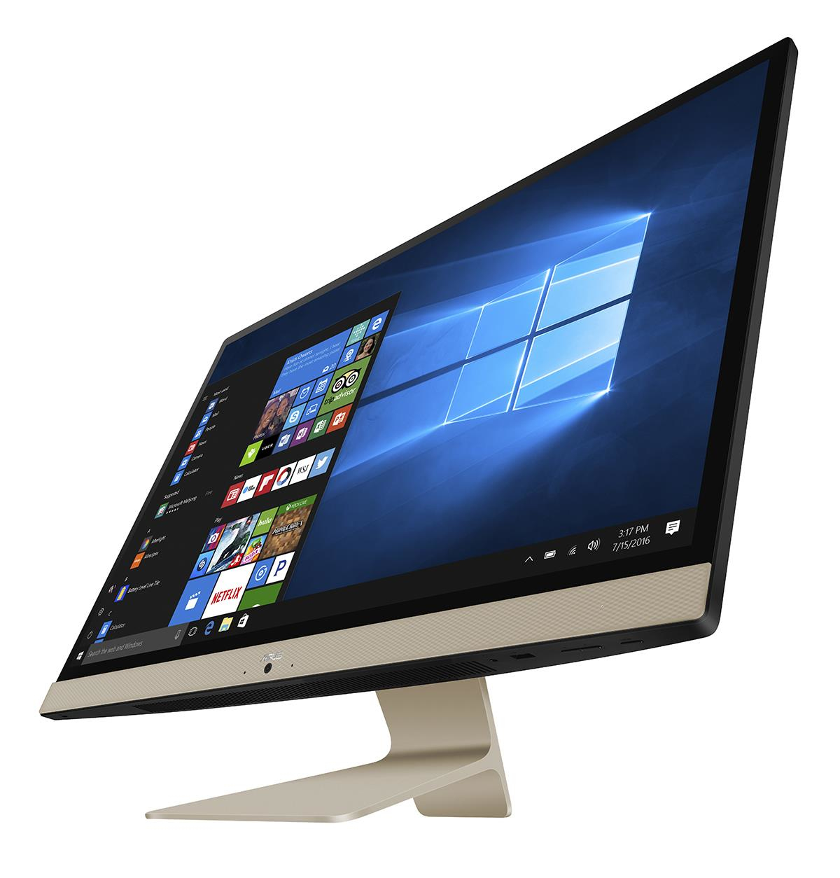 Ein goldfarbener All-in-One-Computer mit einem geöffneten Windows-Bildschirm.