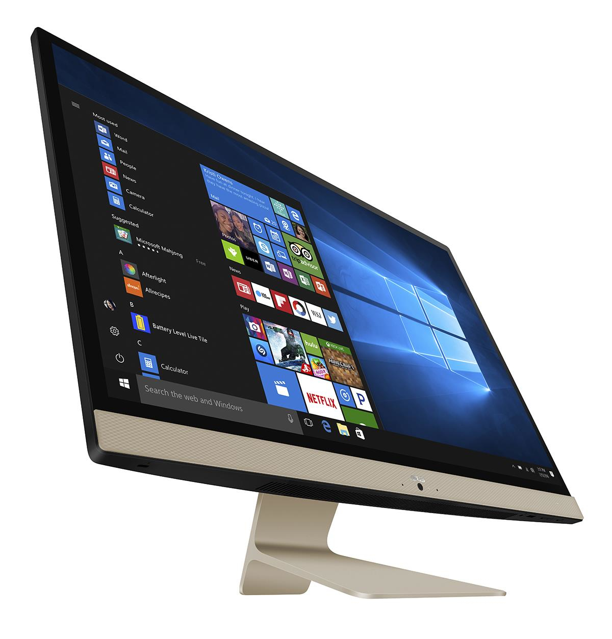 Ein goldfarbener All-in-One-PC mit Windows 10-Startmenü und Apps.