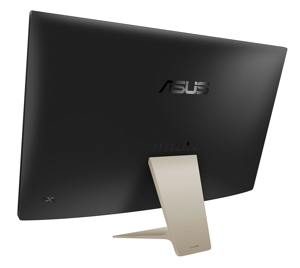 Rückseite eines schwarzen ASUS-Monitors mit goldenem Standfuß und Anschlüssen.