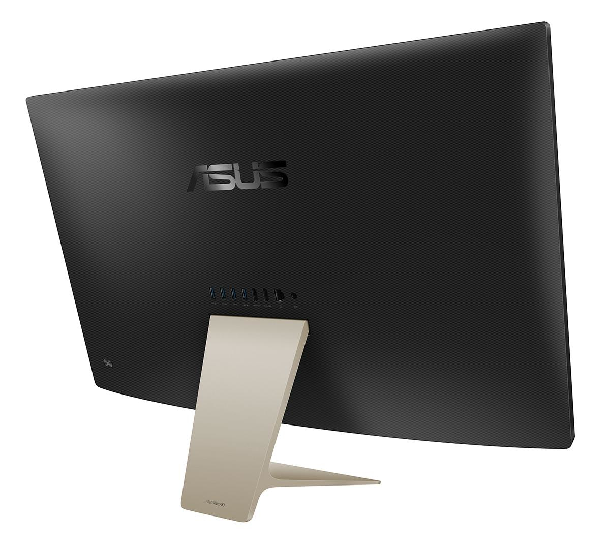 Rückansicht eines schwarzen ASUS All-in-One-PCs mit goldenem Ständer und Anschlüssen.
