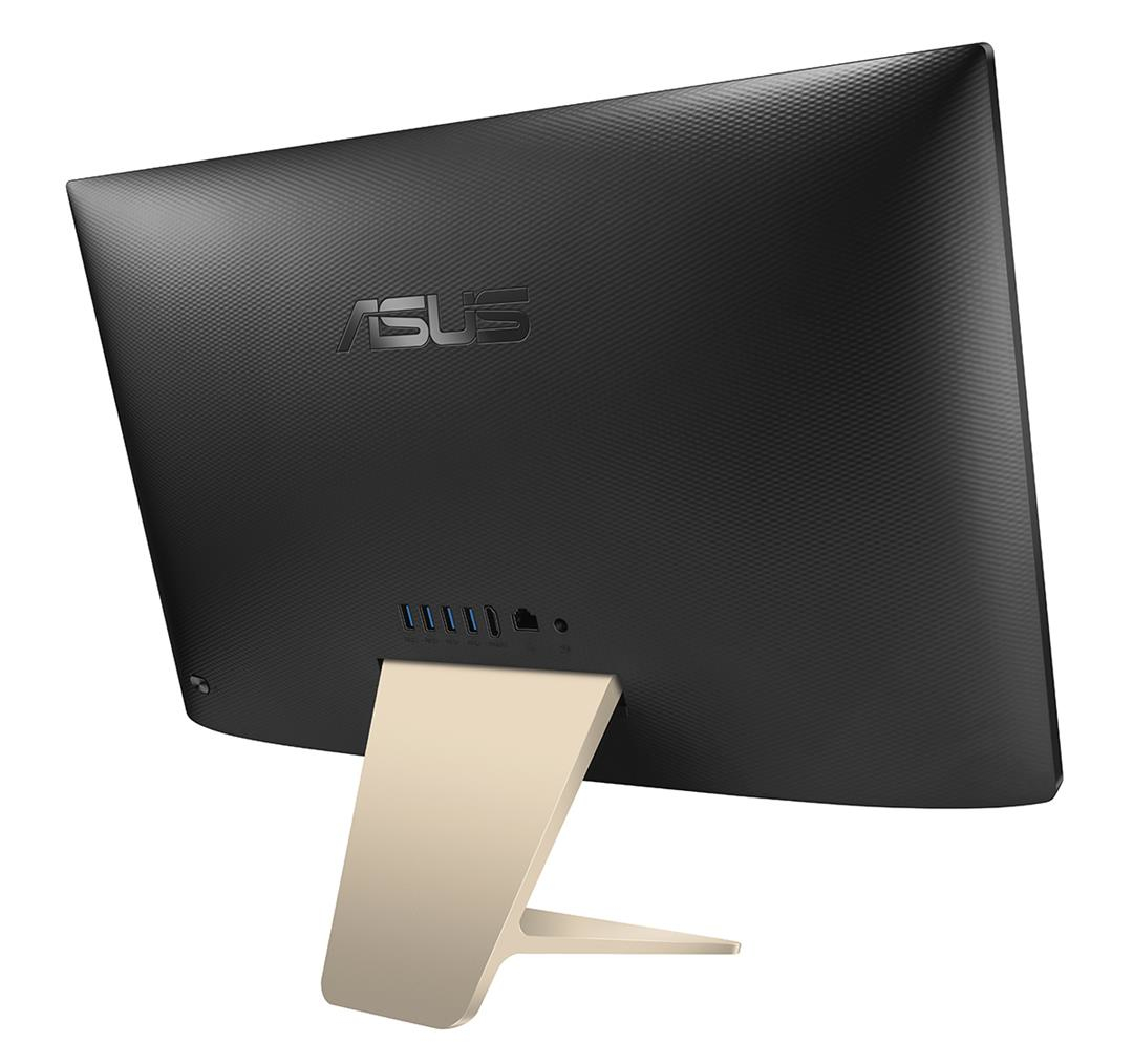 Rückseite eines schwarzen Asus All-in-One-Computers mit goldenem Ständer und Anschlüssen.