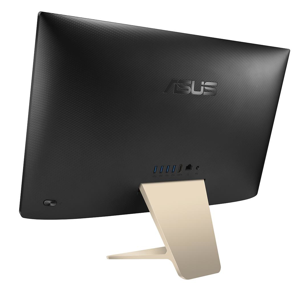 Rückseite eines schwarzen Asus All-in-One-Computers mit goldenem Ständer und Anschlüssen.
