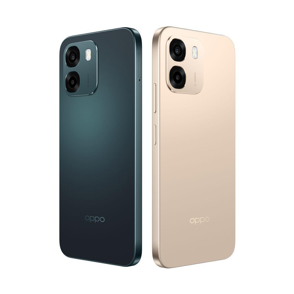 Dos teléfonos Oppo, uno verde oscuro y otro dorado, uno al lado del otro.