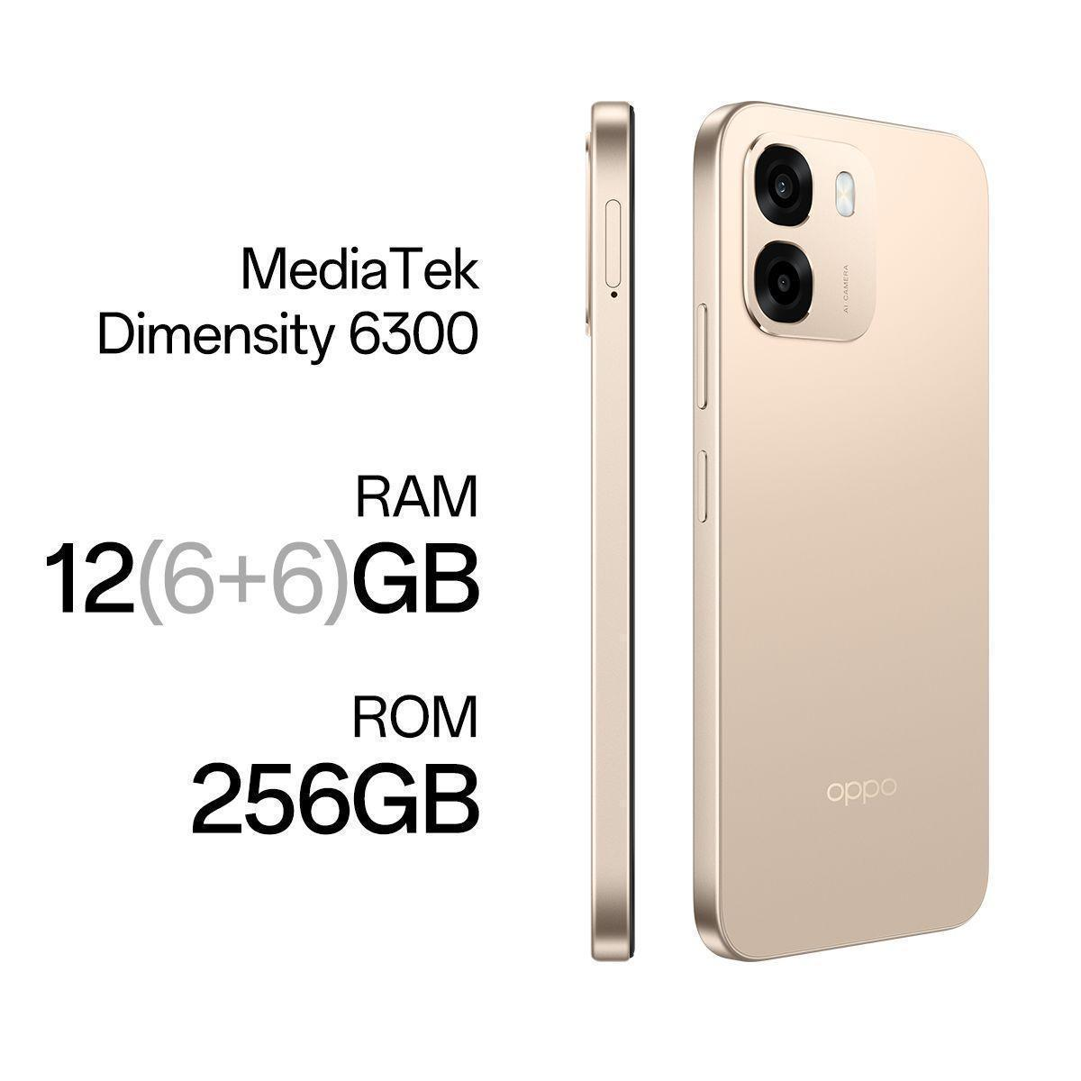 Un teléfono OPPO dorado con MediaTek Dimensity 6300, 12 GB de RAM y 256 GB de ROM.