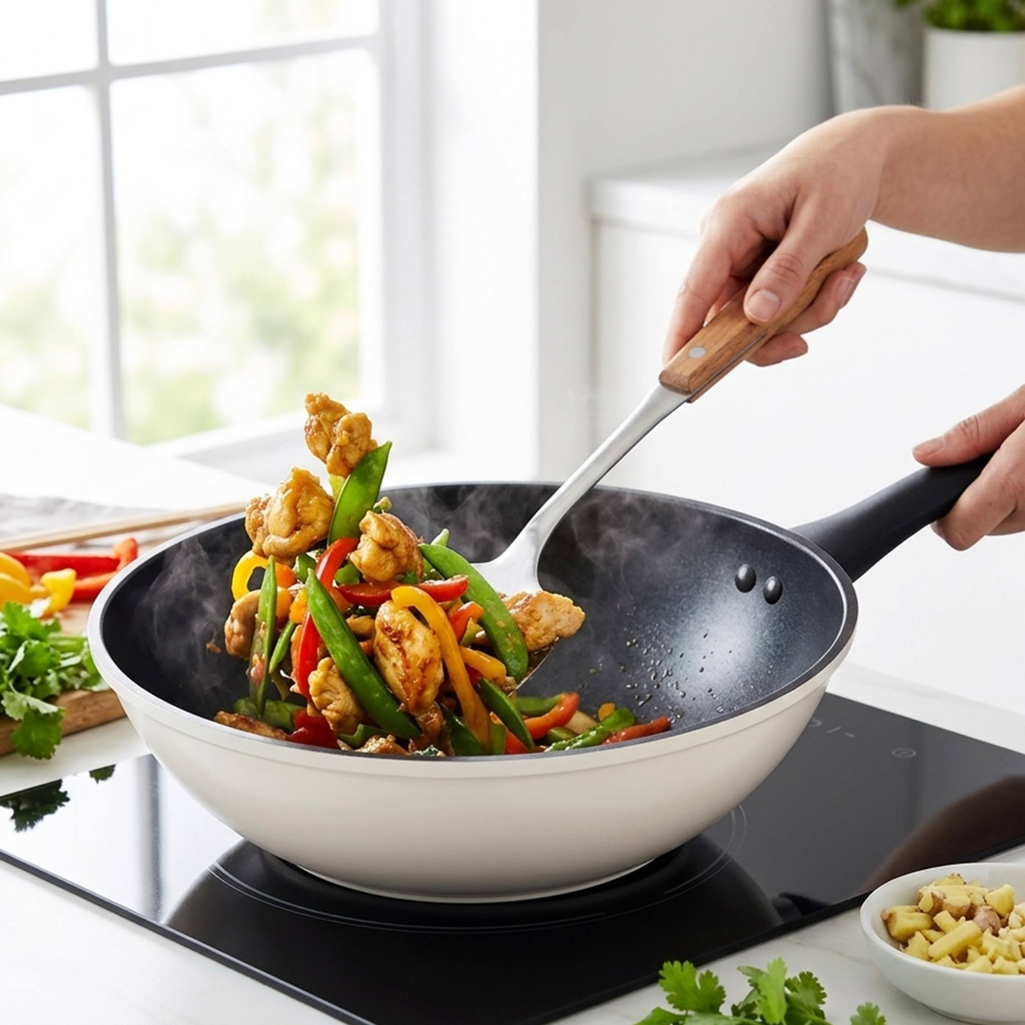 Pollo y verduras salteados en un wok sobre una estufa.