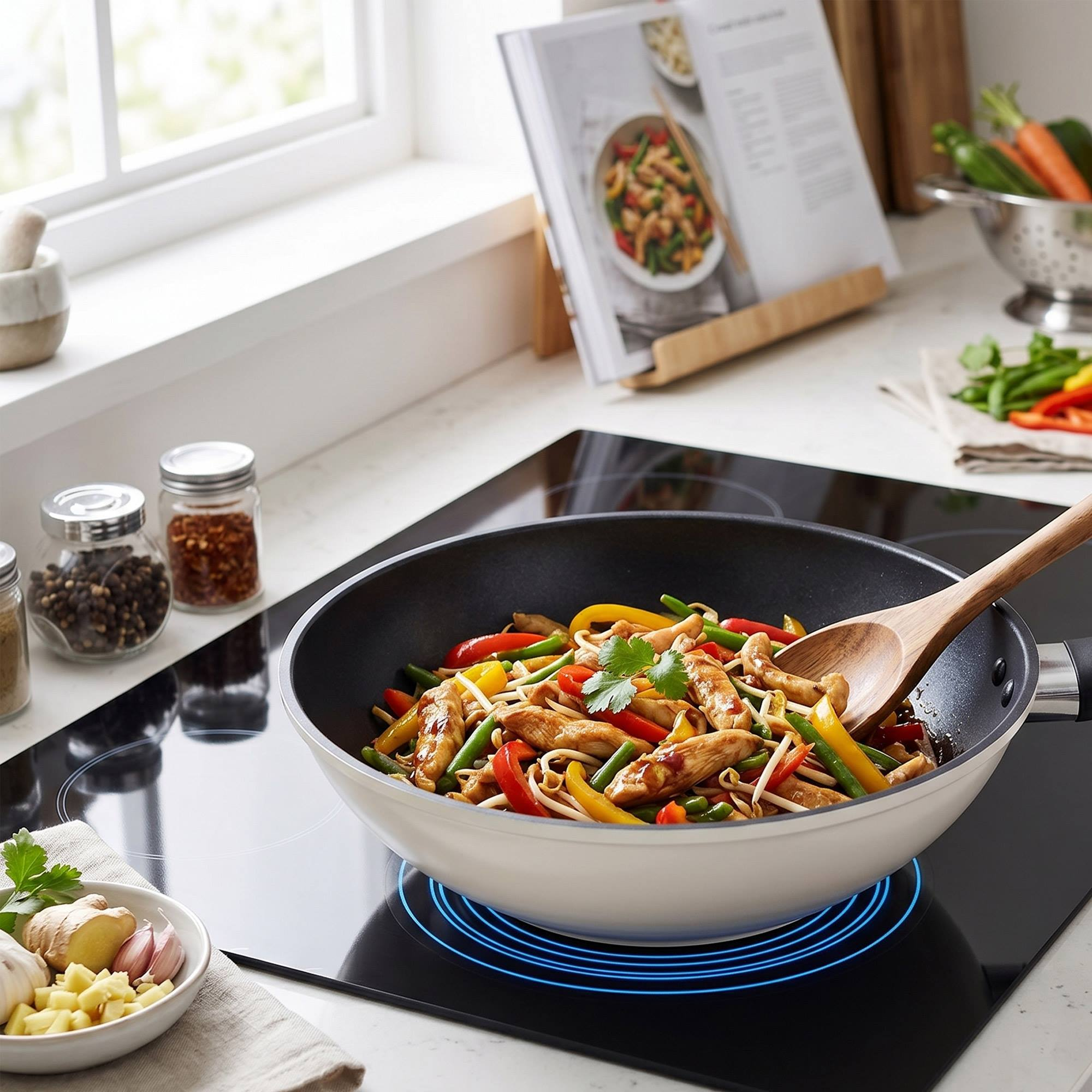 Salteado de pollo con pimientos y judías en un wok en vitrocerámica.