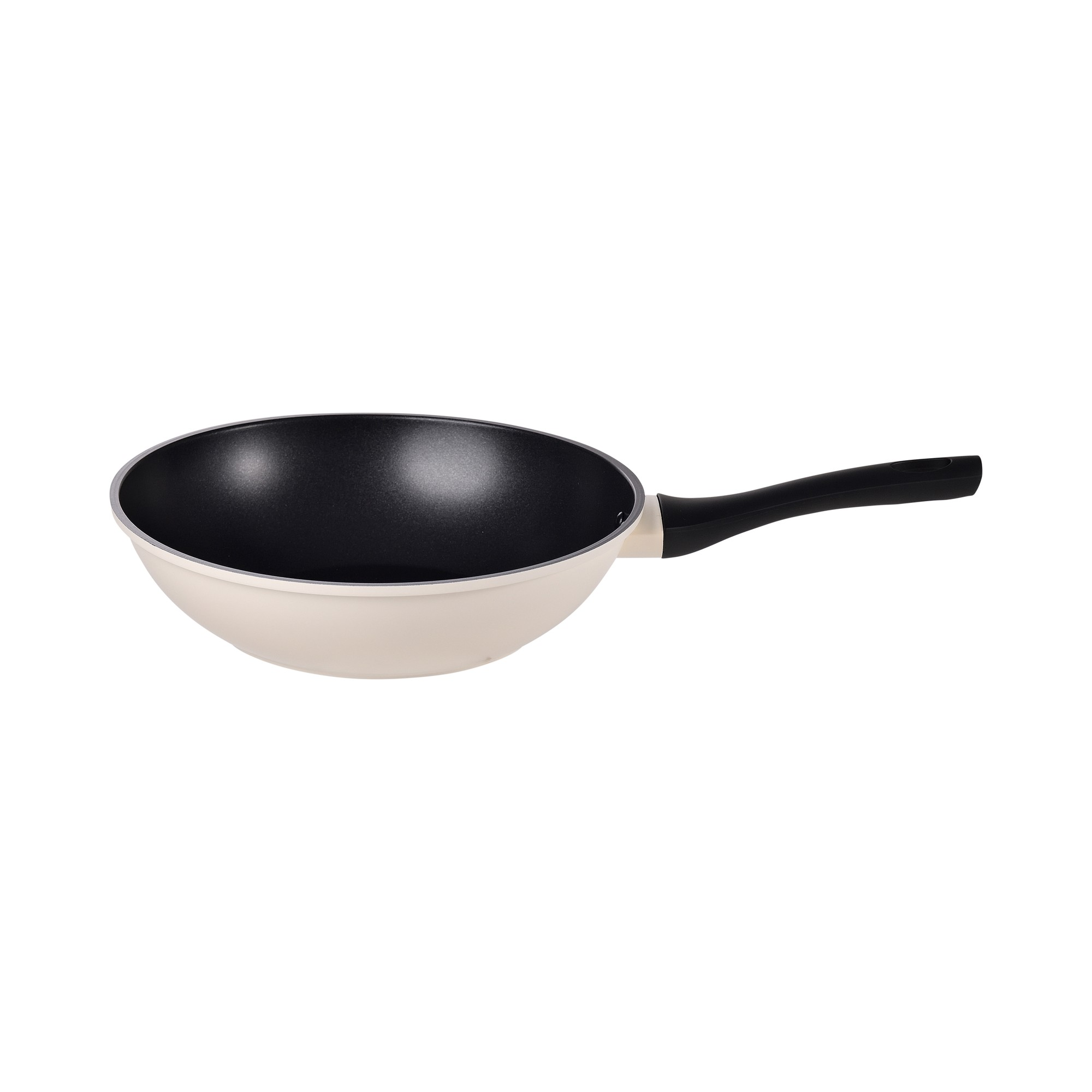 Un wok beige con mango negro y interior negro.