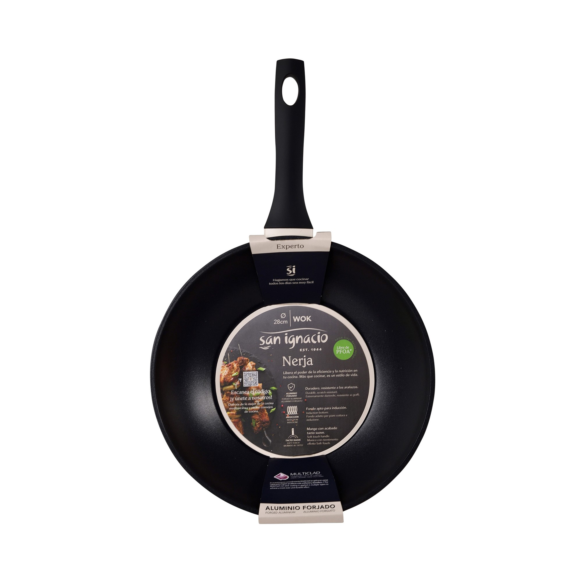 Wok negro con mango negro e información del producto.