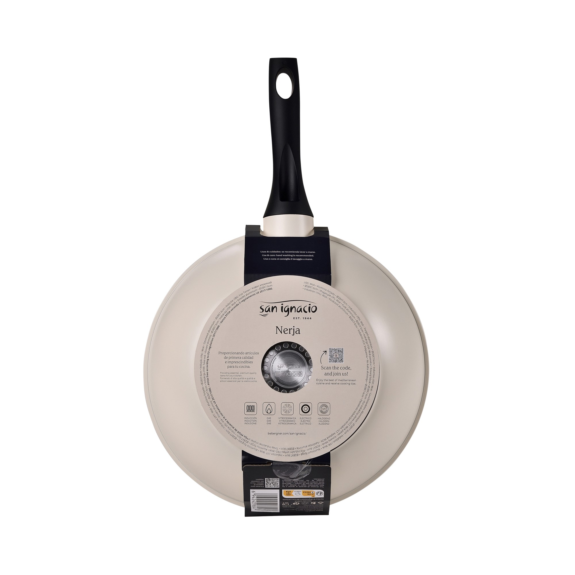 Sartén beige con mango negro, apta para todas las cocinas, marca San Ignacio.