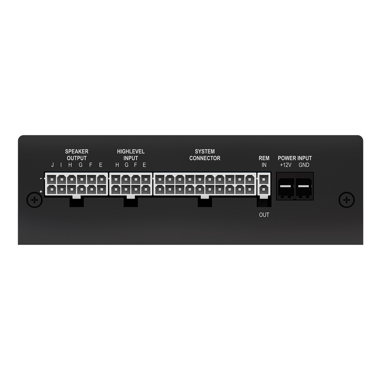 Schwarzes Verstärkerpanel mit Lautsprecher-, High-Level-, System-, Remote- und Stromeingängen.