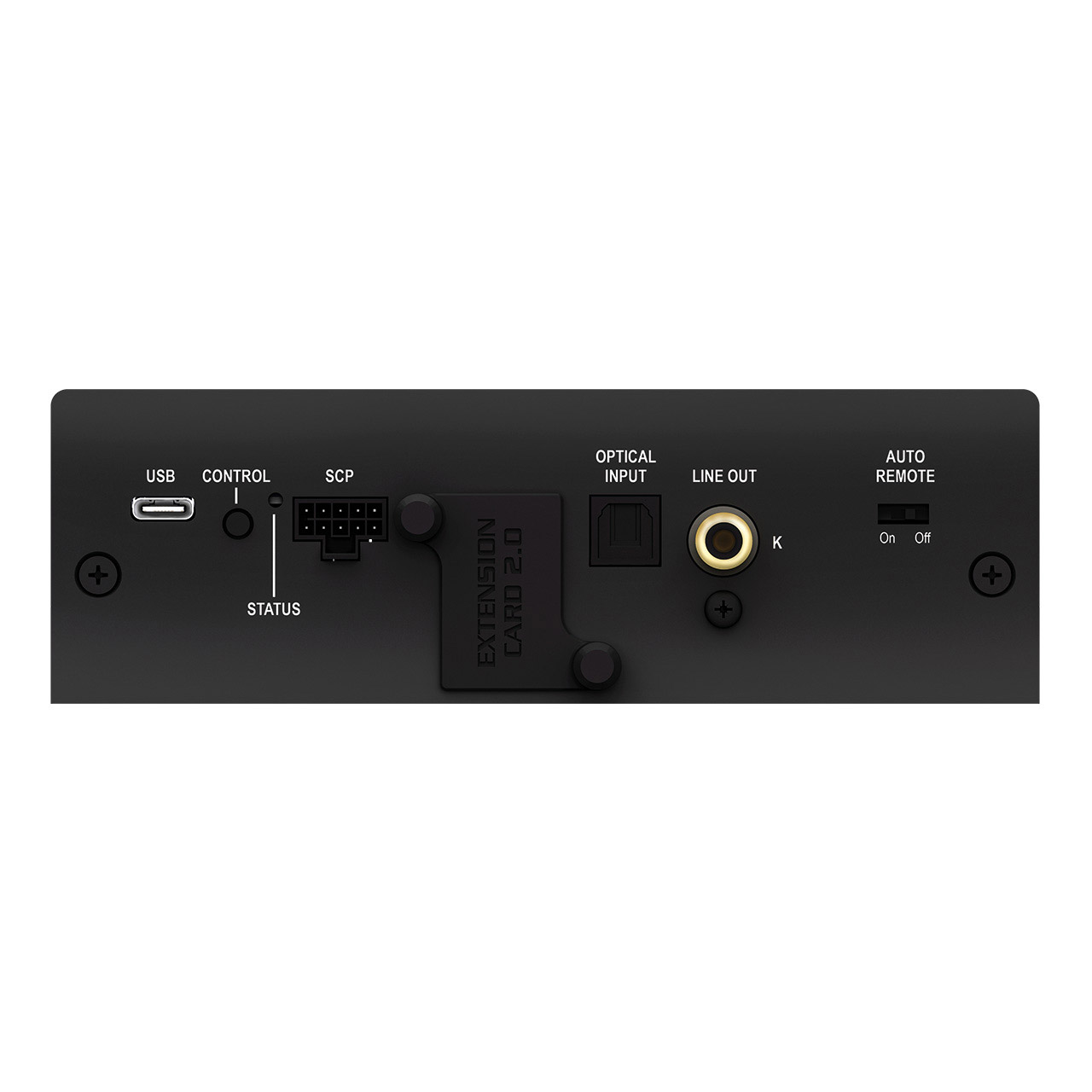 Rückseite eines Geräts mit USB-, Steuer-, SCP-, optischem Eingangs-, Line-Out- und Auto-Remote-Anschlüssen.