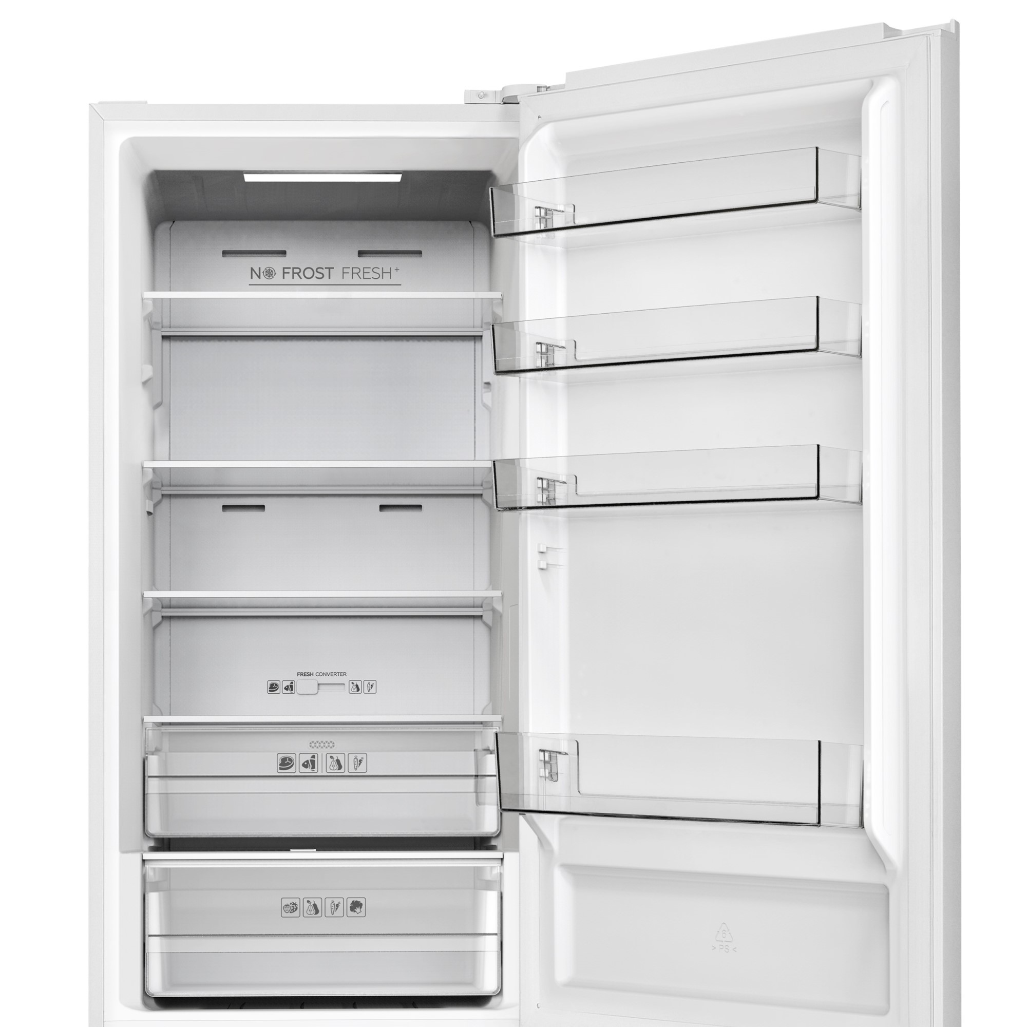 Ein leerer, weißer Kühlschrank mit offenen Türen, Regalen und Schubladen.