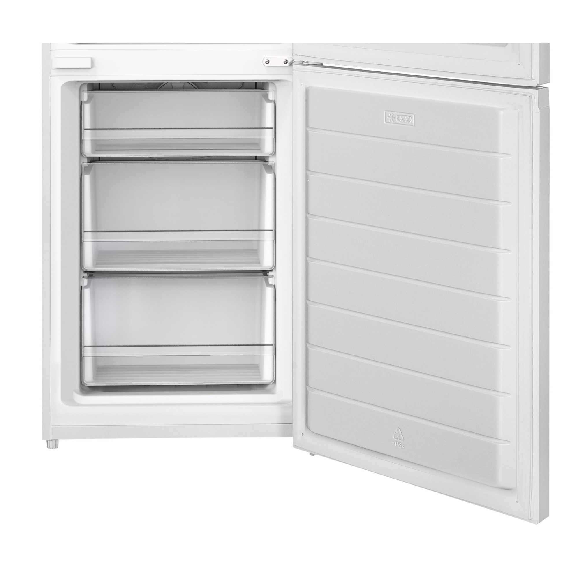 Ein leerer weißer Gefrierschrank mit geöffneter Tür und drei Schubladen.