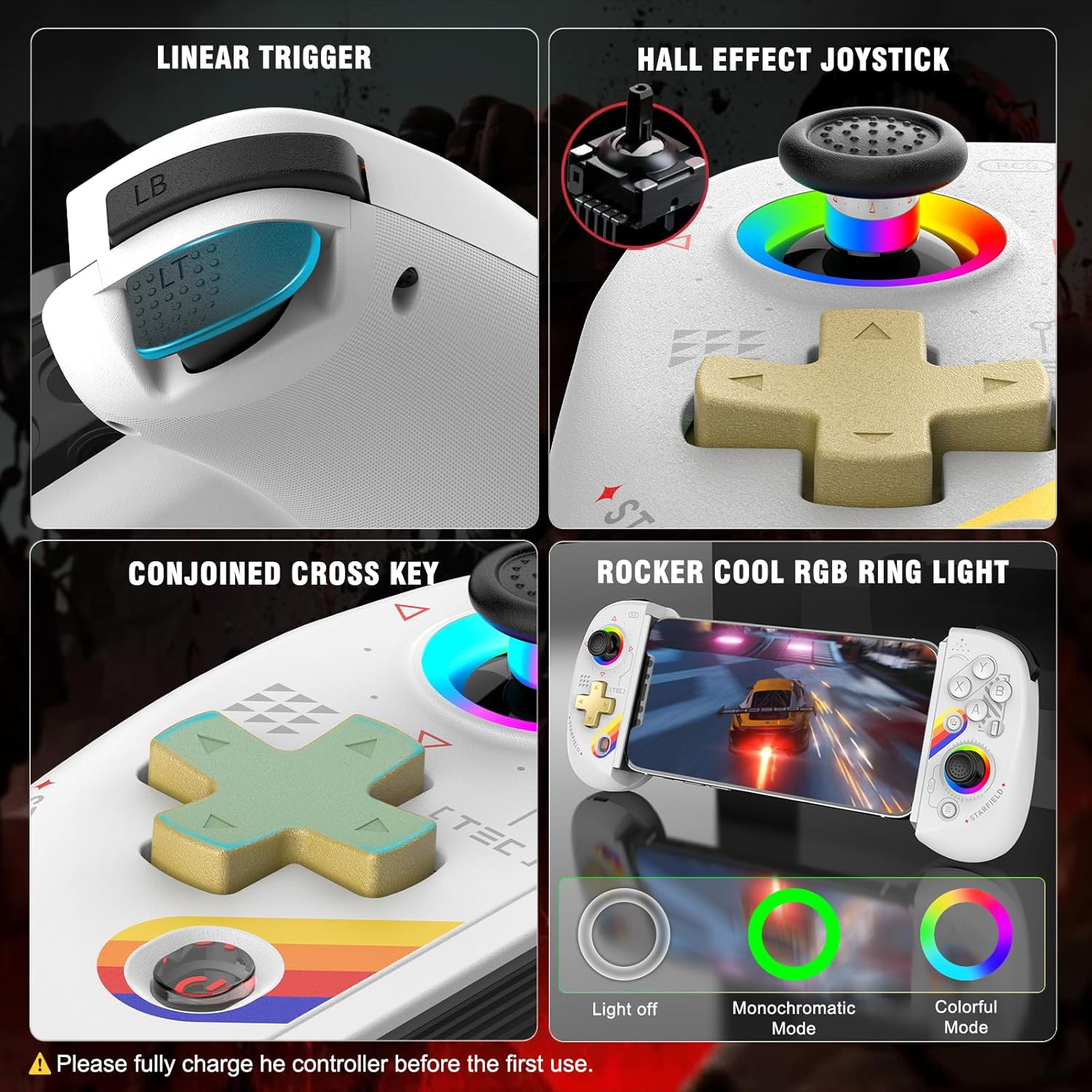 Ein weißer Gaming-Controller mit LB/LT-Trigger, Hall-Effekt-Joystick, Kreuztaste und RGB-Licht.