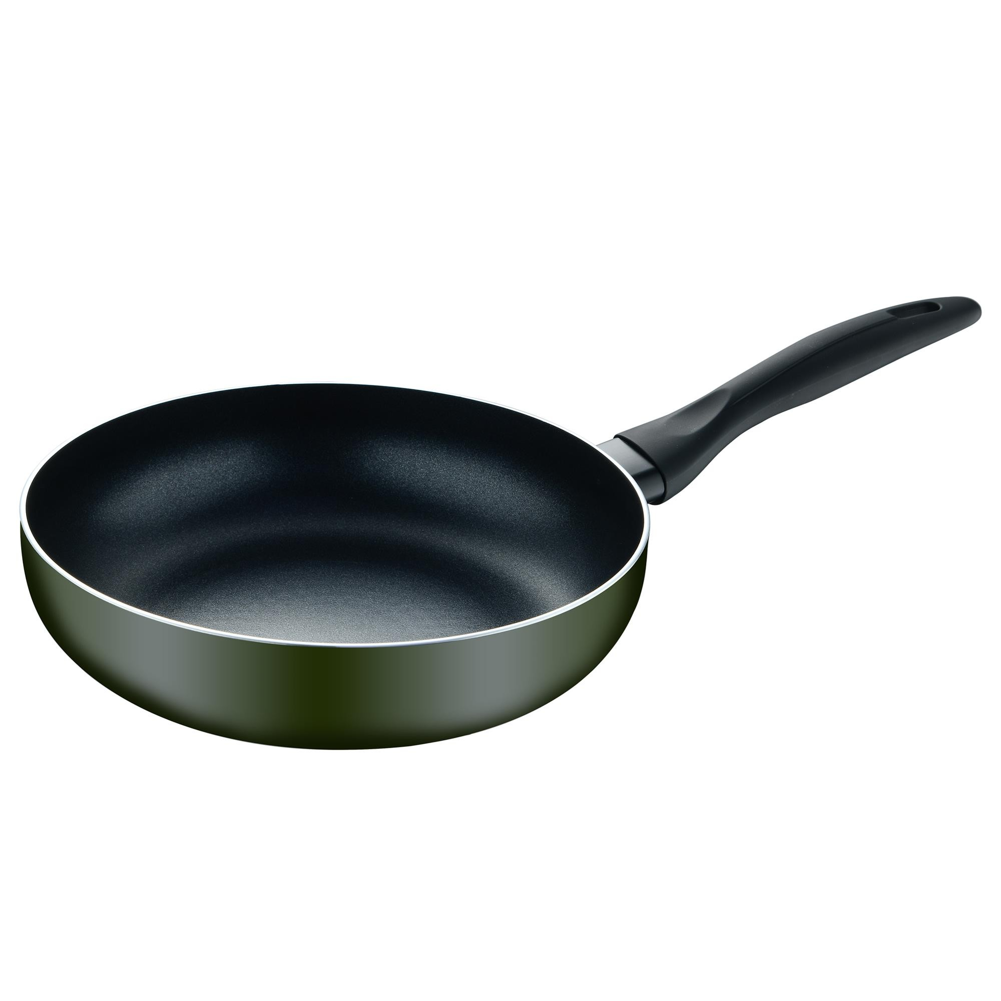 Una sartén verde con mango negro sobre fondo blanco.