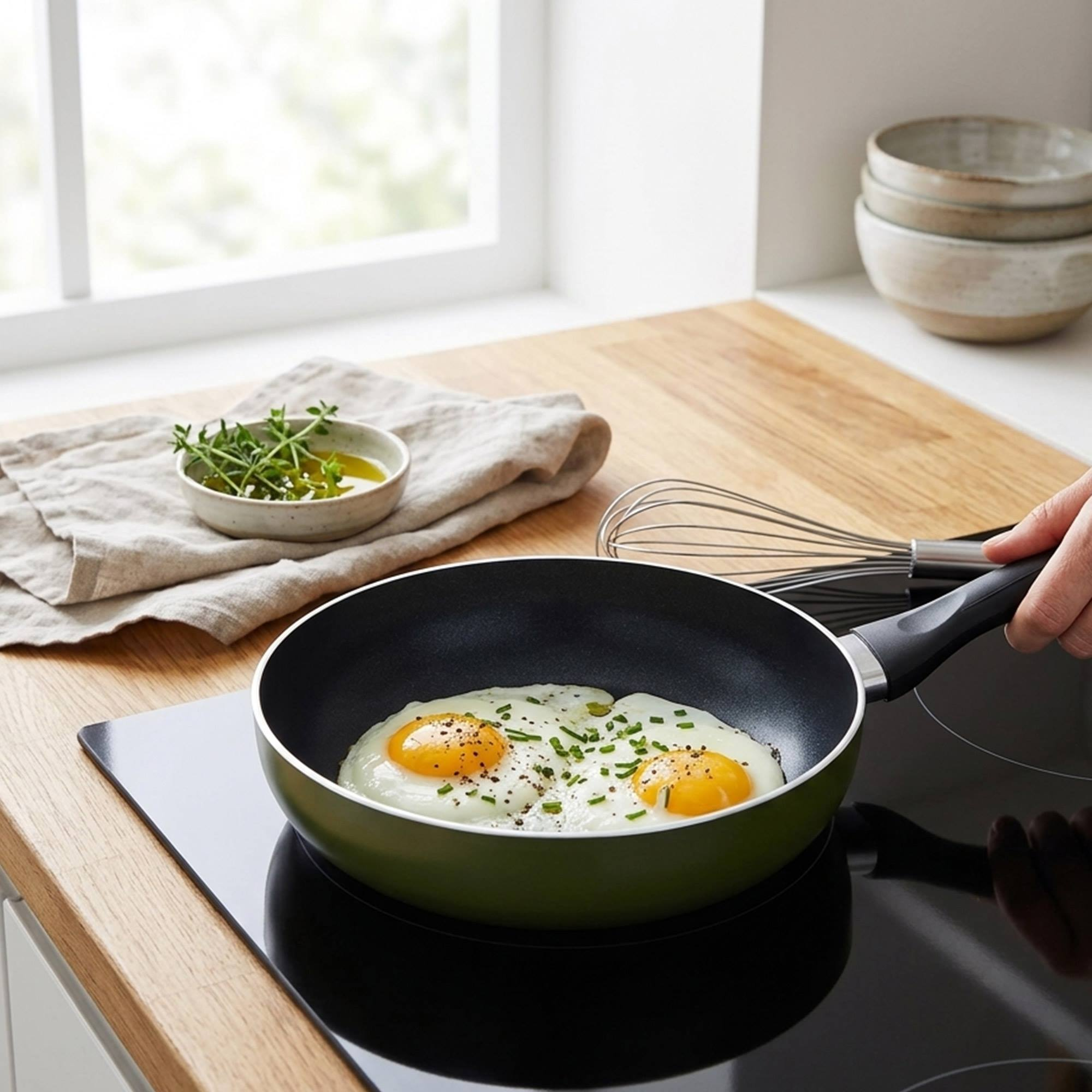 Dos huevos fritos con cebollino en una sartén verde sobre una estufa.