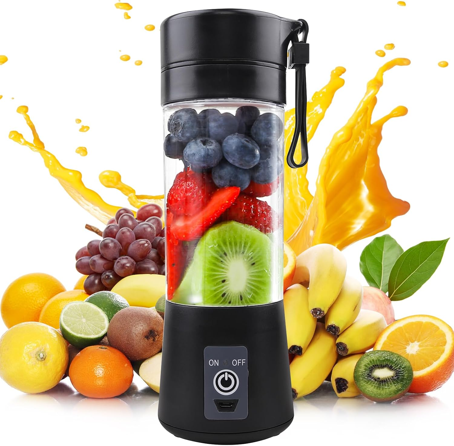 Ein tragbarer Mixer mit Früchten wie Blaubeeren, Erdbeeren, Kiwi, Bananen und Orangen.