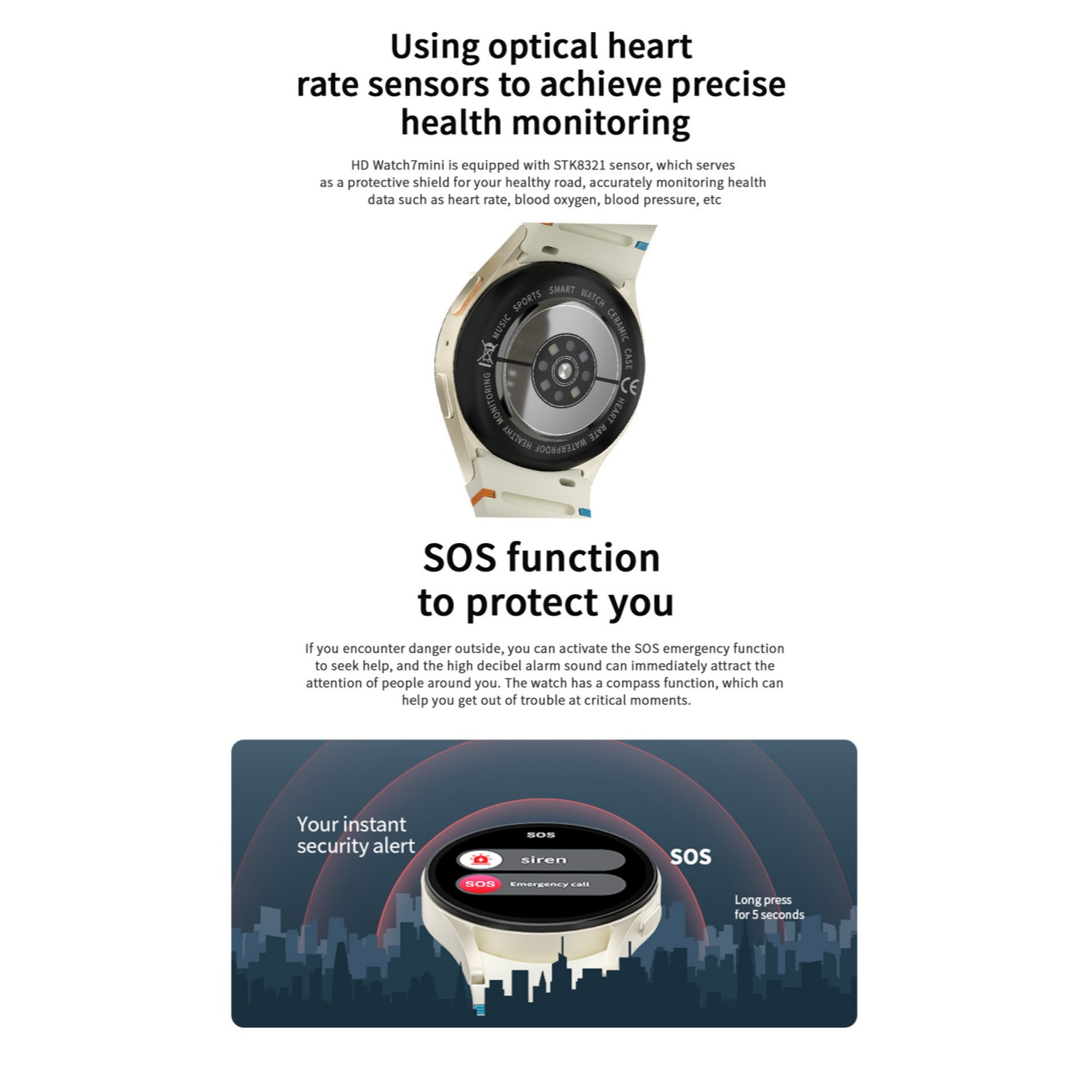 Smartwatch mit Herzfrequenzsensor und SOS-Notruffunktion vor Stadthintergrund.