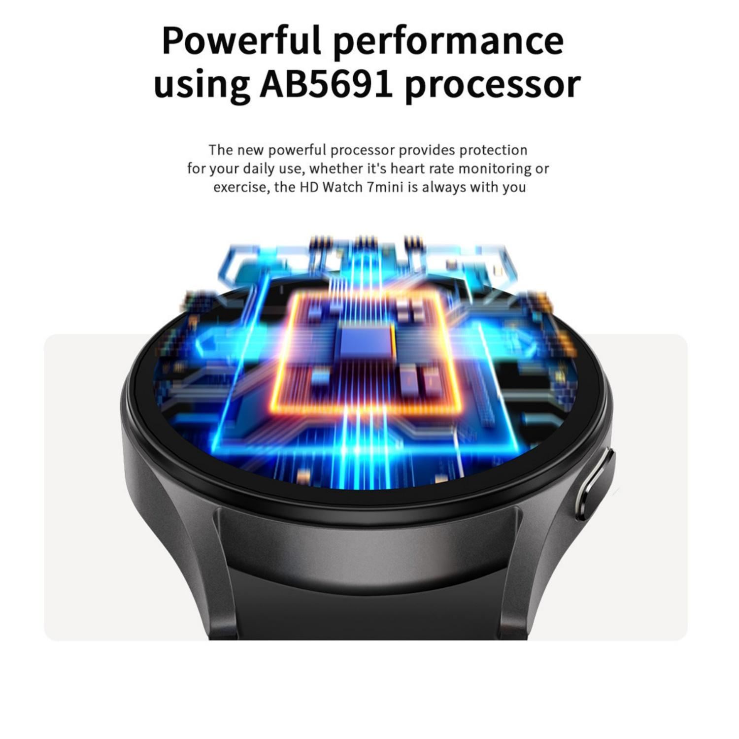 Eine Smartwatch mit einem leuchtenden Prozessor-Diagramm auf dem Bildschirm.