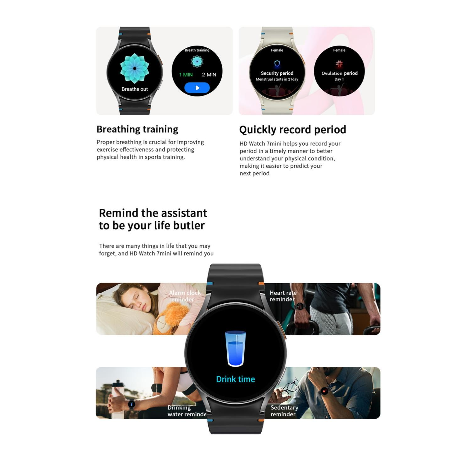 Smartwatch zeigt Atemtraining, Periode und Erinnerungsfunktionen wie Wecker, Herzfrequenz und Trinken.