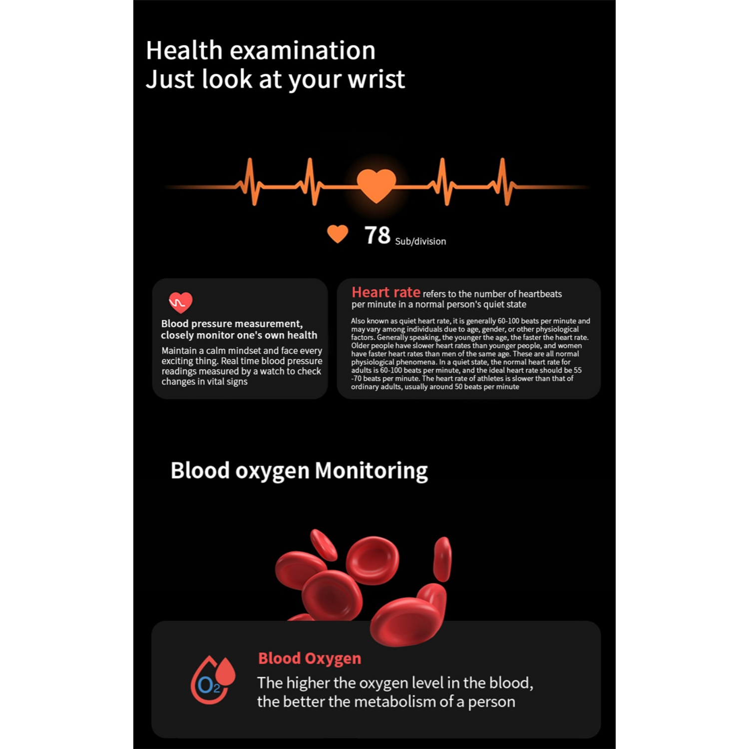 Infografik mit Herzfrequenzmessung, Blutdruck und Blutsauerstoffüberwachung.