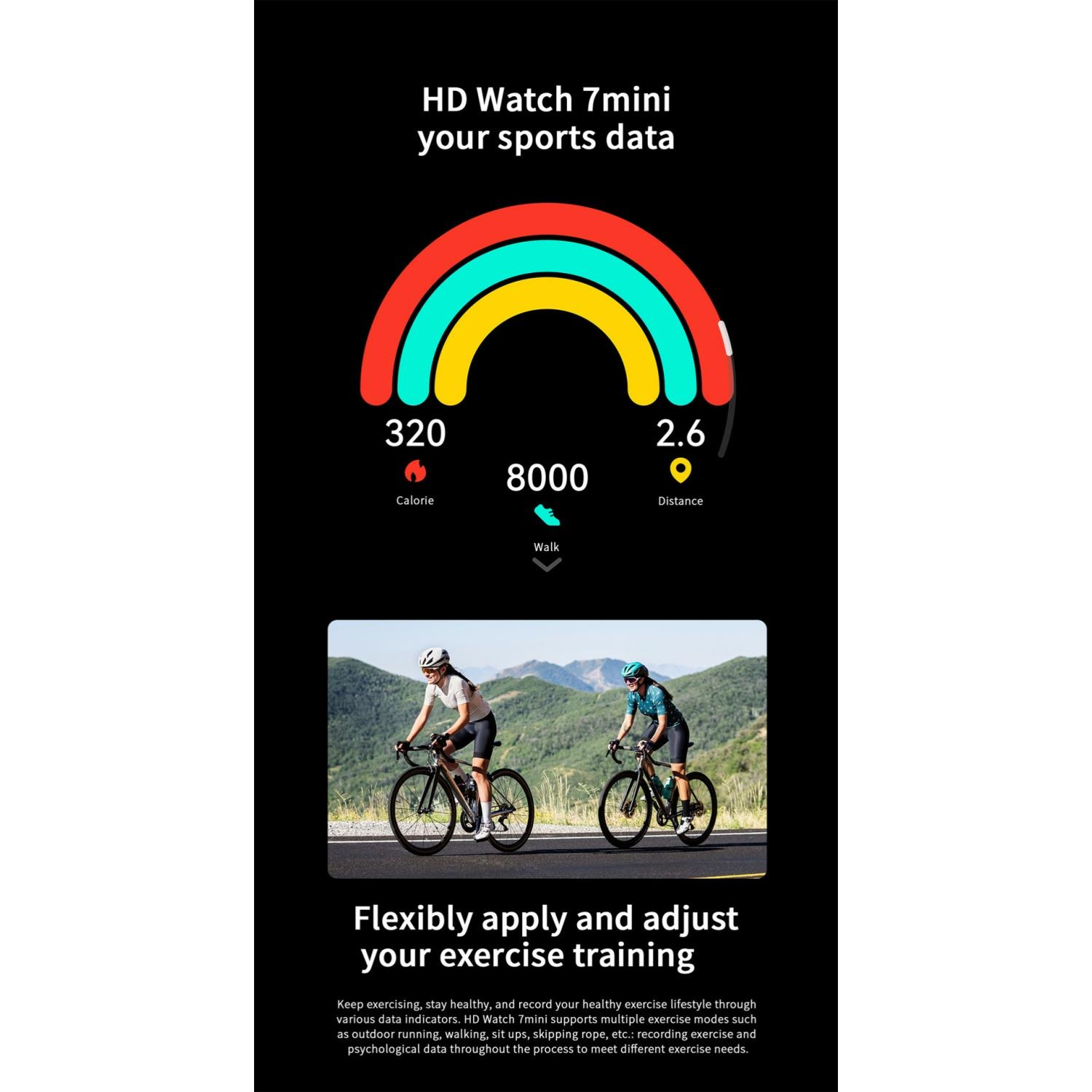 HD Watch 7mini zeigt Sportdaten: 320 Kalorien, 8000 Schritte, 2,6 Distanz.