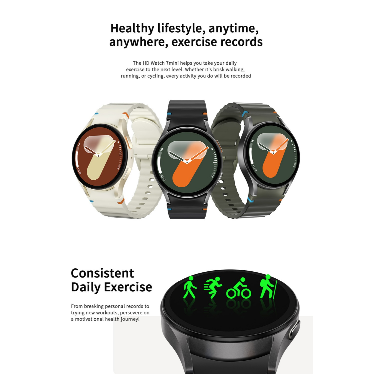 Drei Smartwatches in Weiß, Schwarz und Grün mit Sport-Icons auf dem Display.