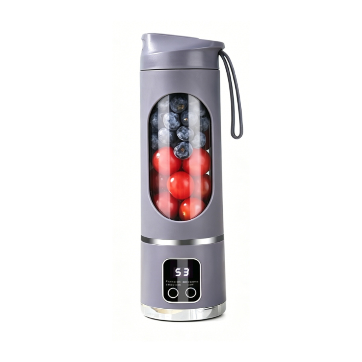 Grauer Mixer mit Blaubeeren und Kirschtomaten gefüllt, mit digitaler Anzeige.