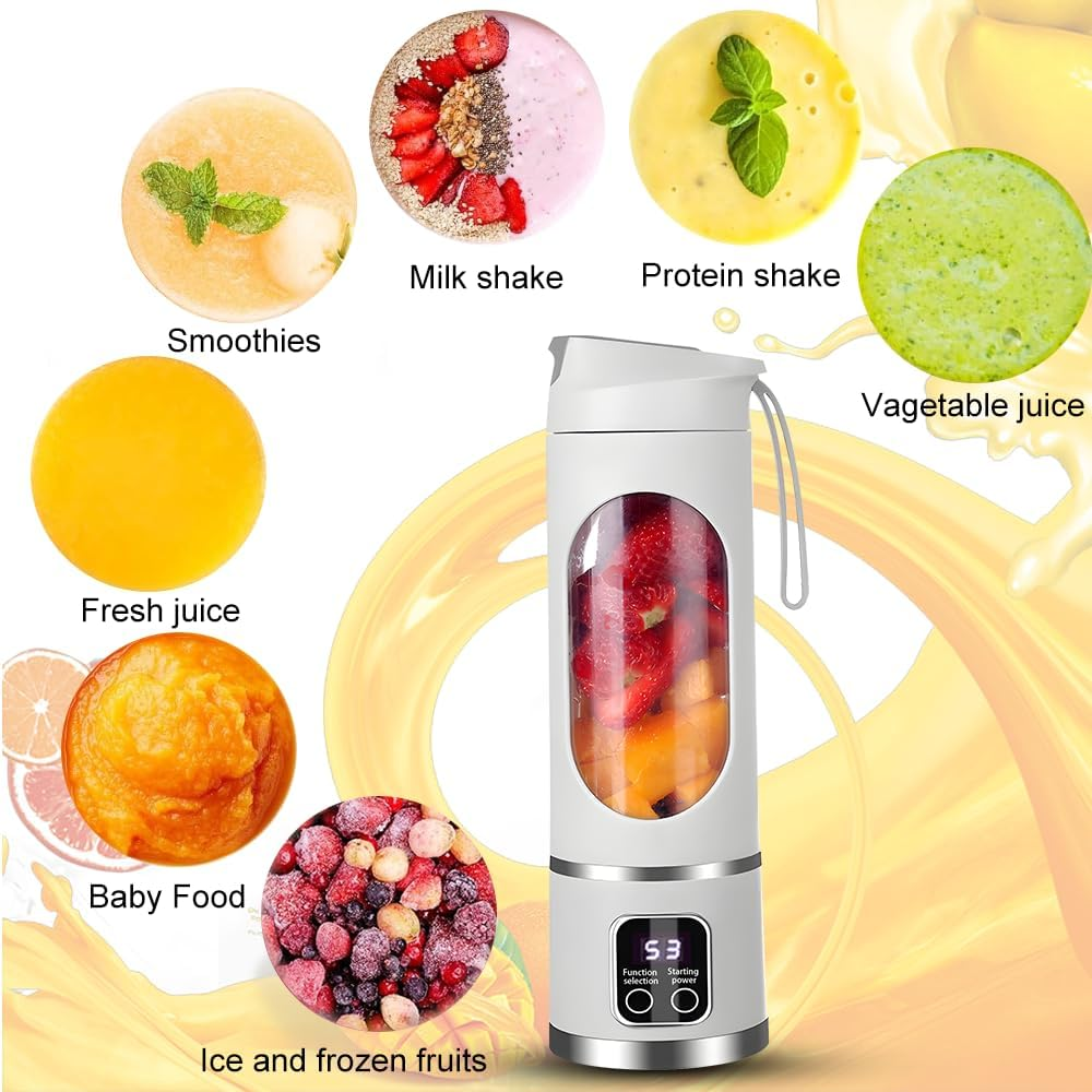 Ein weißer Mixer mit Früchten, umgeben von Bildern von Smoothies, Milchshakes und Säften.