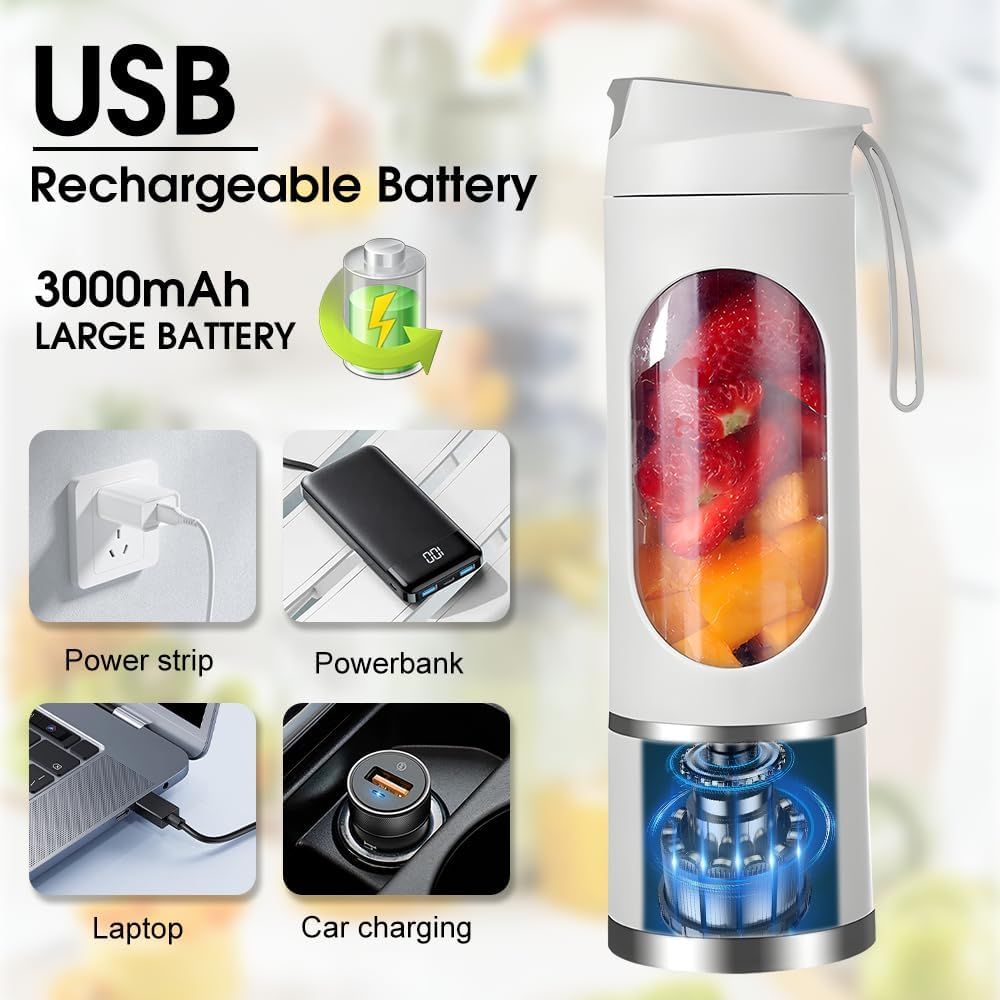 Tragbarer Mixer mit USB-Akku, gefüllt mit Obst, zeigt verschiedene Lademethoden.